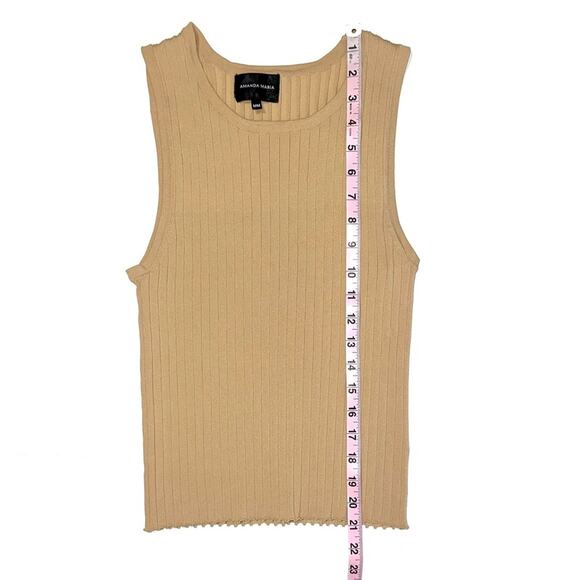 Amanda Maria Nude Tan High Neck Ribbed Tank Top Size Medium - Picture 9 of 10